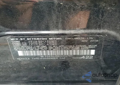 2019 Mitsubishi Mirage Es from USA, damaged, VIN ML32A3HJ5KH004797